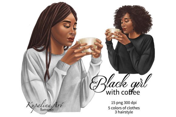 Download Black Girl with Coffee Cup Clipart - Premium Bundle